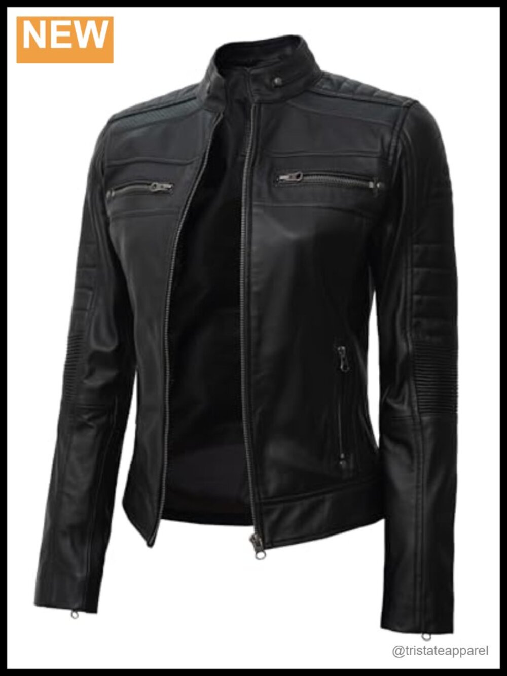 Real Lambskin Leather Cafe Racer Jacket Women's Moto Biker Zipper